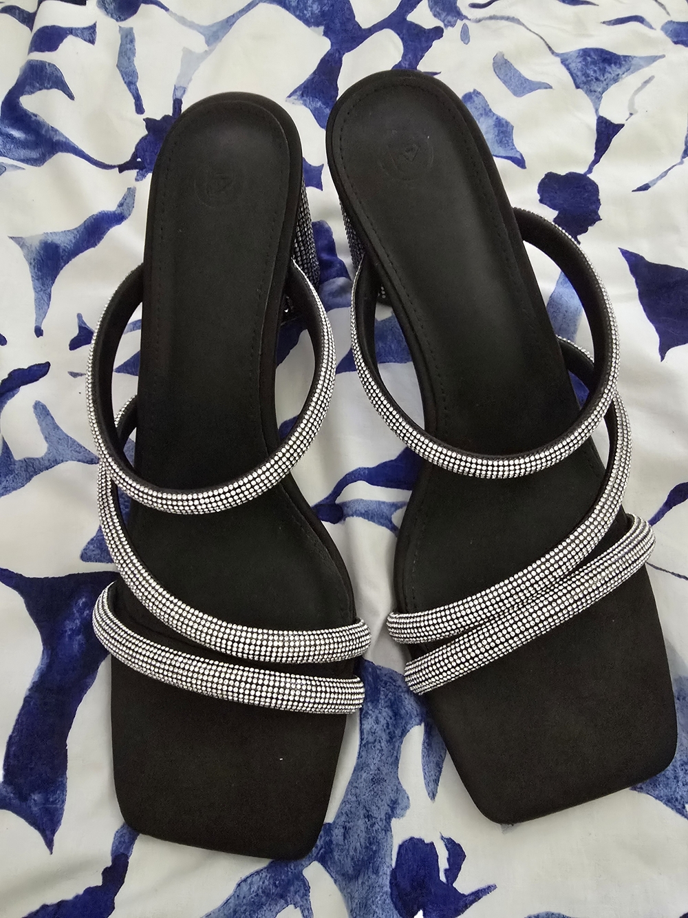 Black Women's Slide Sandals with Silver Crystal Straps